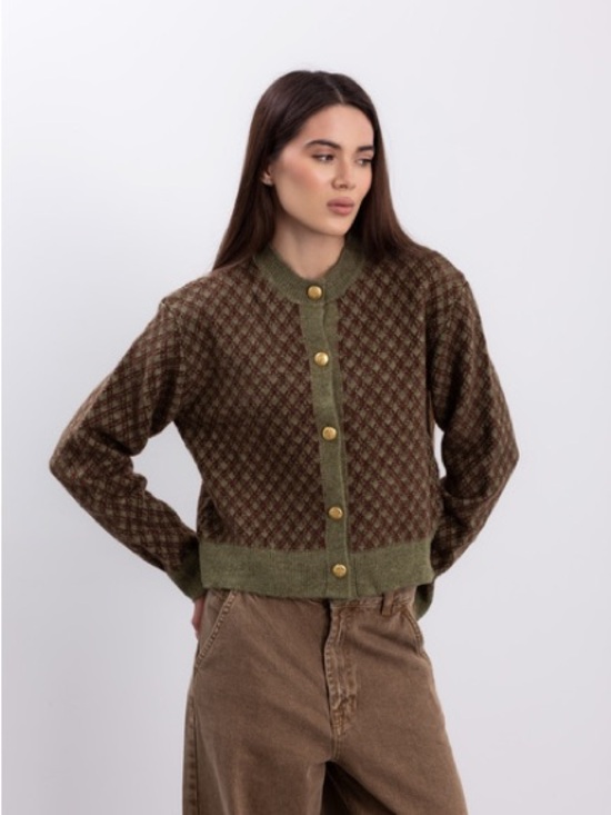 Zara Jackets & Blazers - Zara Olive & Brown Diamond-Pattern Bomber Cardigan Jacket